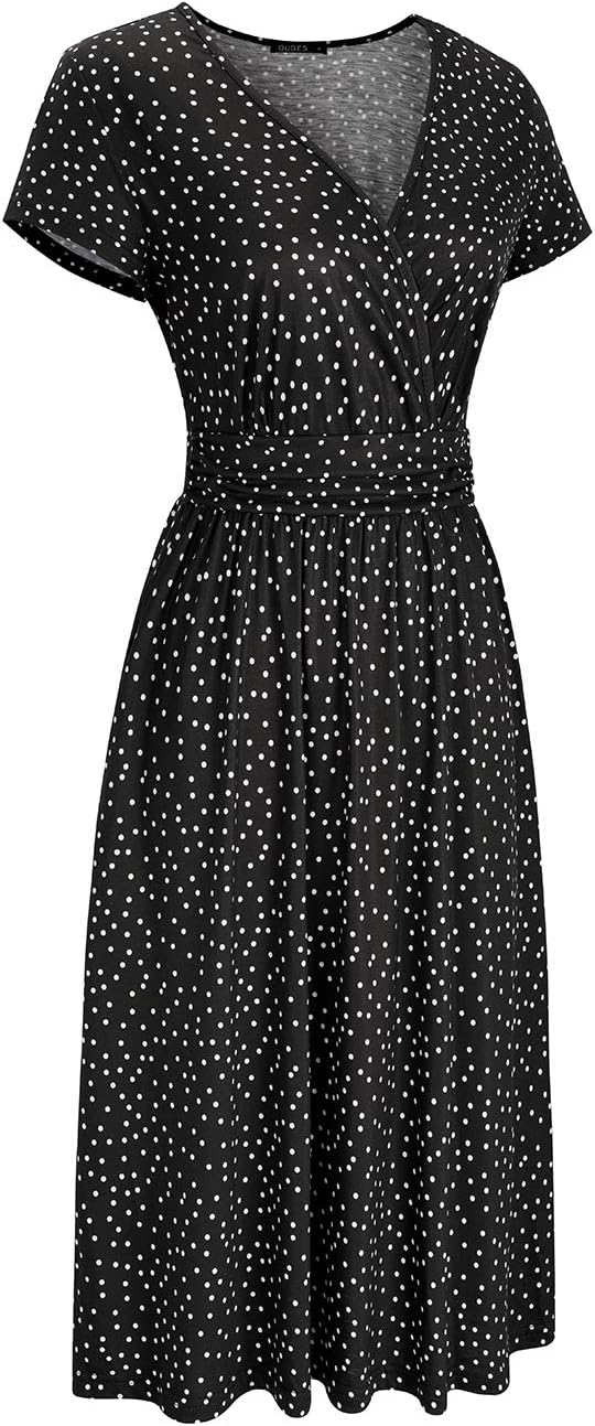 OUGES Women's Summer Short Sleeve V-Neck Floral Short Party Dress with Pockets