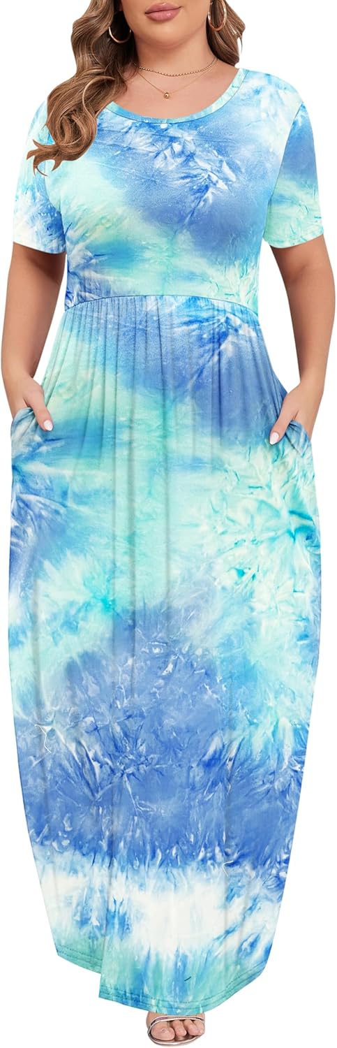 KARALIN Women’s Plus Size Maxi Dresses for Curvy Women Summer Casual Short Sleeve 2025 Long Dress 14W-26W