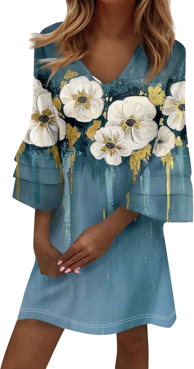 Beach Dresses for Women,2025 Summer Trendy Floral Print Boho Dress,Casual Loose V Neck Bell 3/4 Sleeve Mini Dress