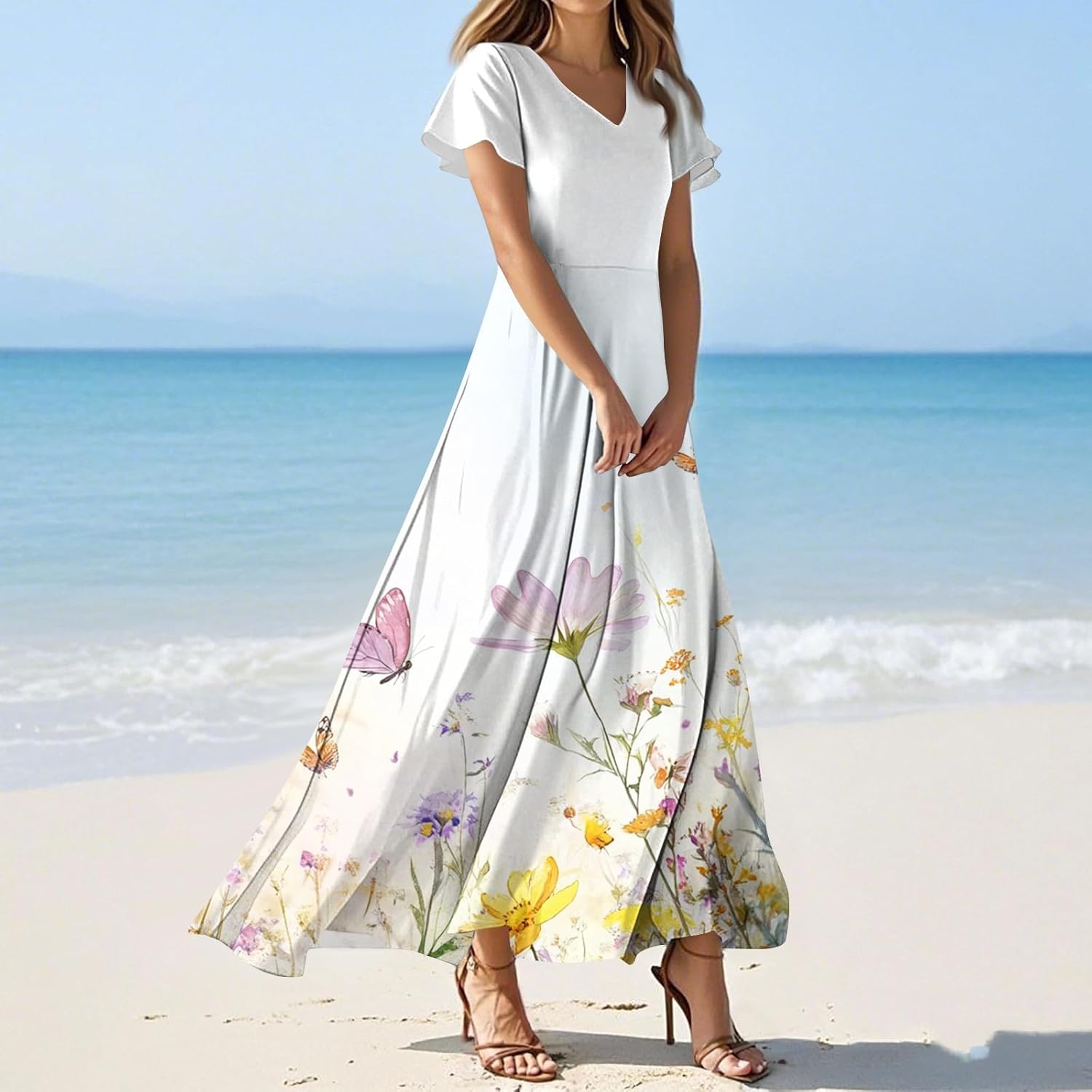 Womens Fashion V Neck Ruffle Short Sleeve Maxi Dress 2025 Summer Elegant Solid Color Flowy A Line Dresses