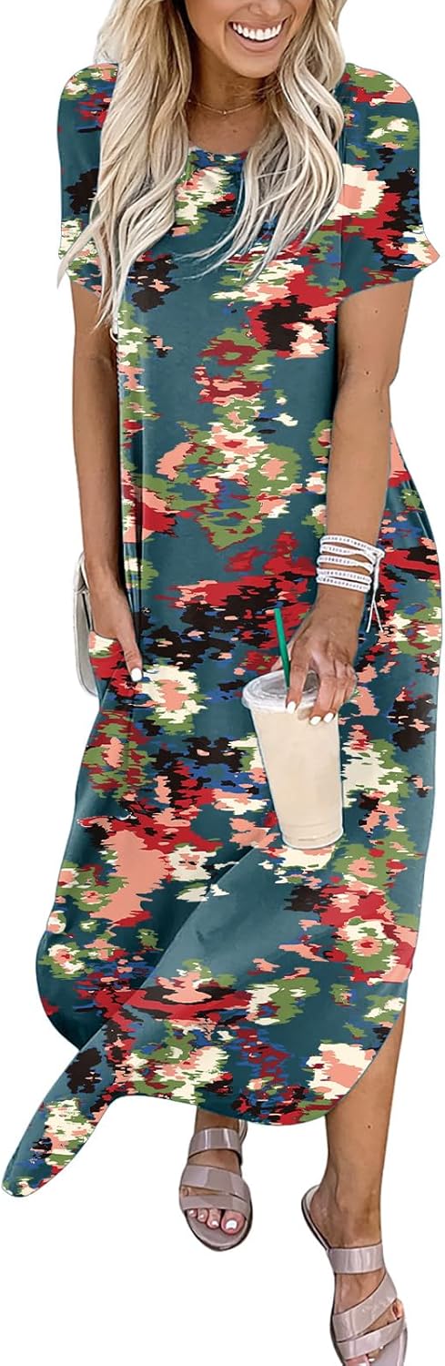 ANRABESS Women's Summer Casual Loose Short Sleeve Long T Shirt Dress Split Maxi Beach Sundress Travel Vacation Outfits
