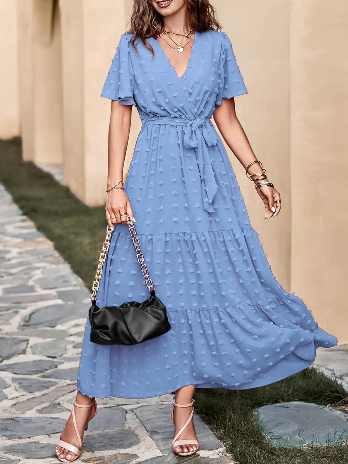MASCOMODA Womens Boho Swiss Dot Maxi Dresses Wrap V Neck Flutter Short Sleeve Solid Tie Belt A Line Tiered Flowy Long Dress