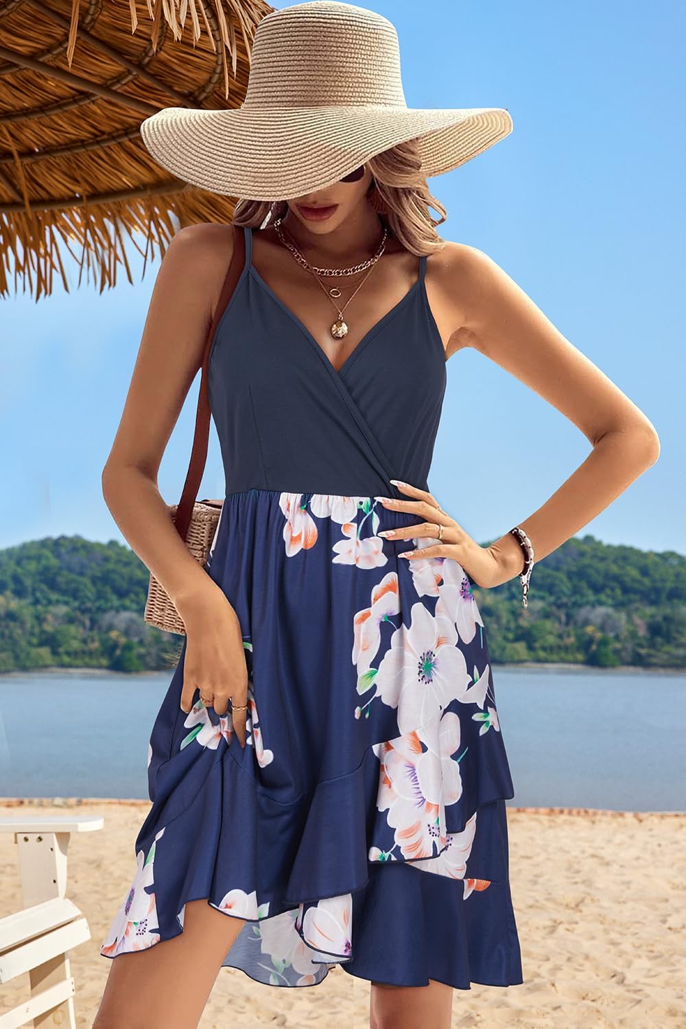 ULTRANICE Womens Summer Dresses Floral V Neck Ruffled Hem Spaghetti Spring Casual Beach Outfits Flowy Wrap Sun Dress