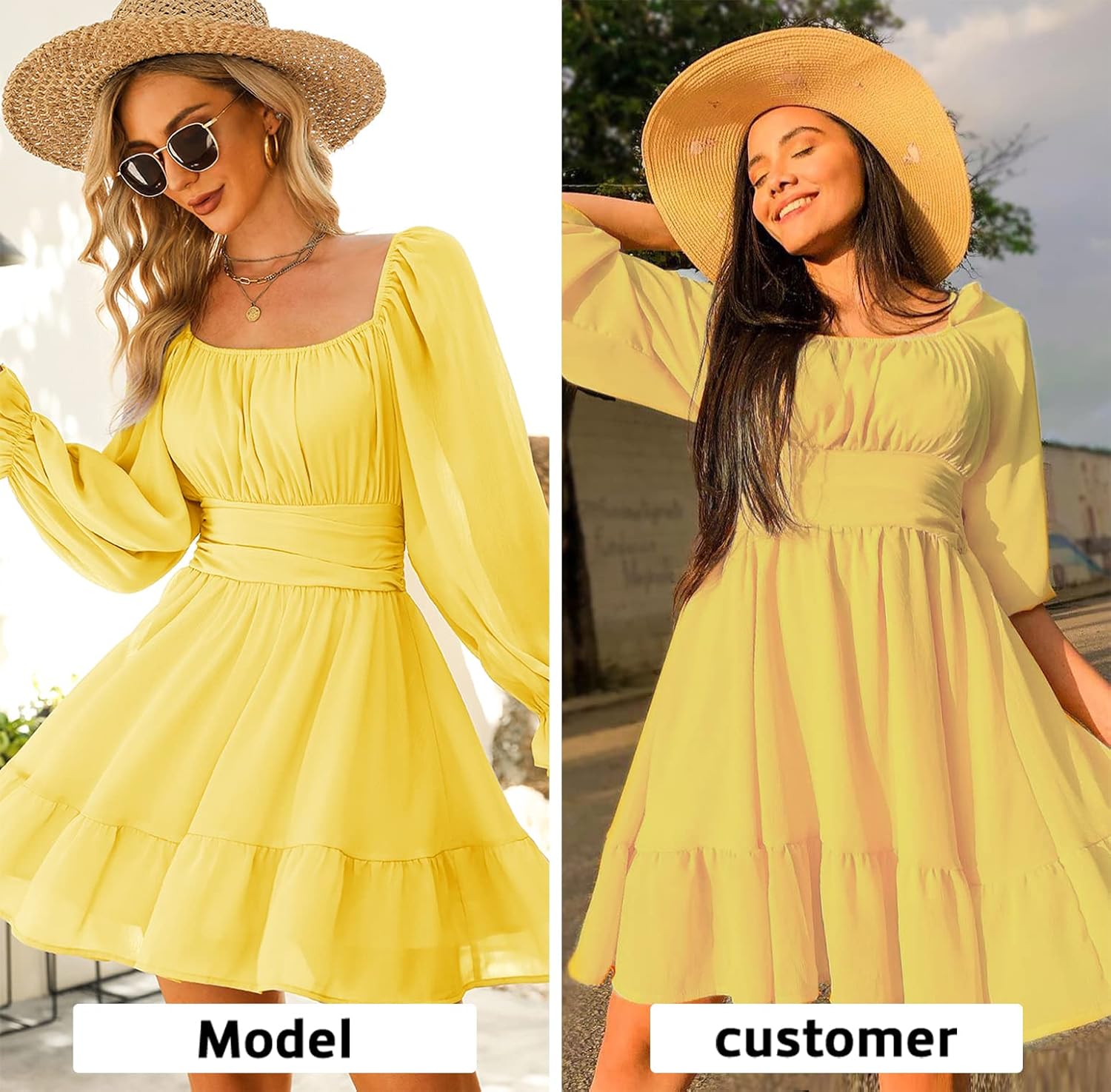 EXLURA Women's 2025 Casual Long Lantern Sleeve Dresses Square Neck Ruffle Tie Back Elastic Waist Aline Short Mini Dress