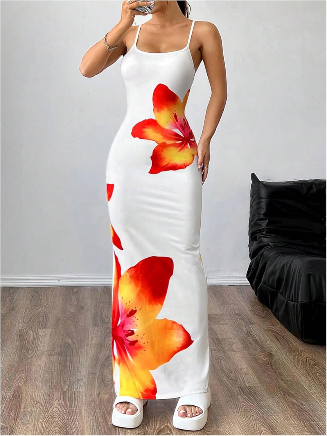Verdusa Women's Floral Sun Maxi Bodycon Dresse Summer Starfish Dress White