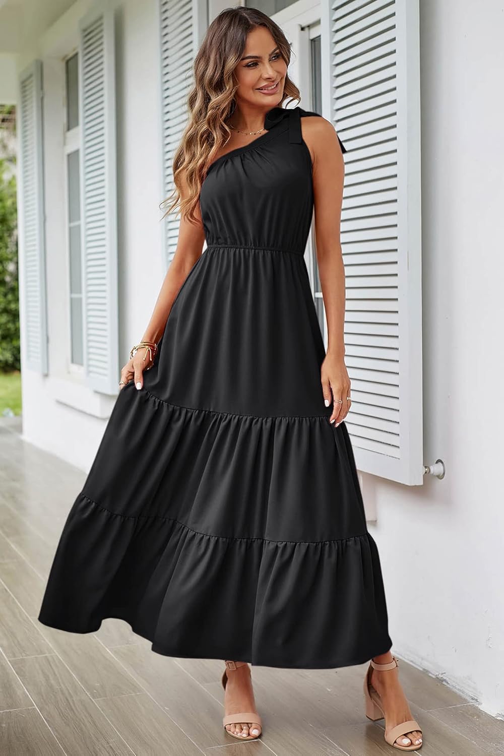 PRETTYGARDEN Women's Summer Floral Maxi Dress Knot One Shoulder Sleeveless Ruffle Flowy Boho Beach Wedding Guest Dresses