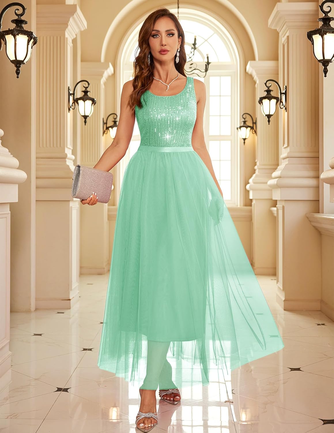BeryLove Sequin Dress for Woman Vintage A Line Wedding Formal Swing Mesh Dress Sleeveless Cocktail Maxi Gowns