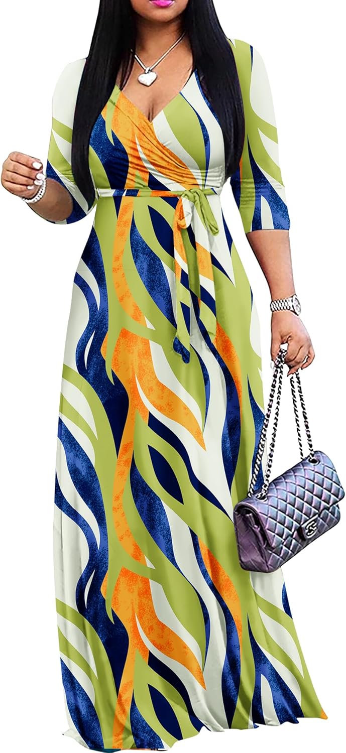 FANDEE Plus Size Maxi Dress for Women Casual Summer Sundress V-Neck 3/4 Sleeve