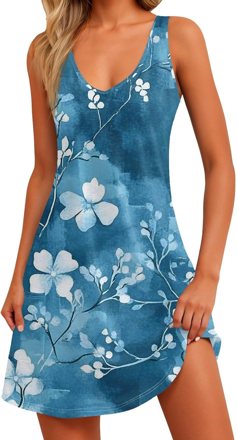 Women's Sleeveless Floral Print Summer Dress Casual V-Neck A-Line Mini Dress for Beach Party and Daily Wear