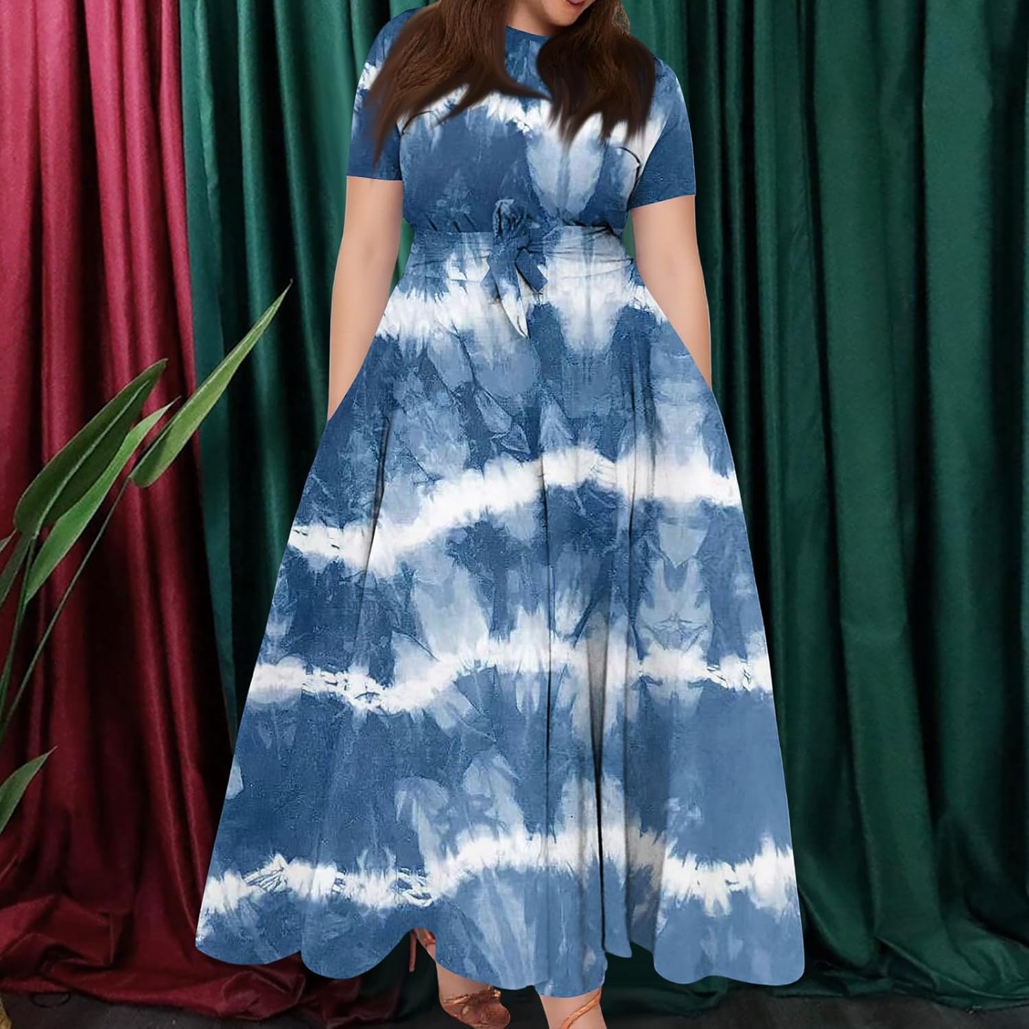 ZEFOTIM Maxi Dress for Women Plus Size Cute Floral Dress Short Sleeve Crew Neck Dresses