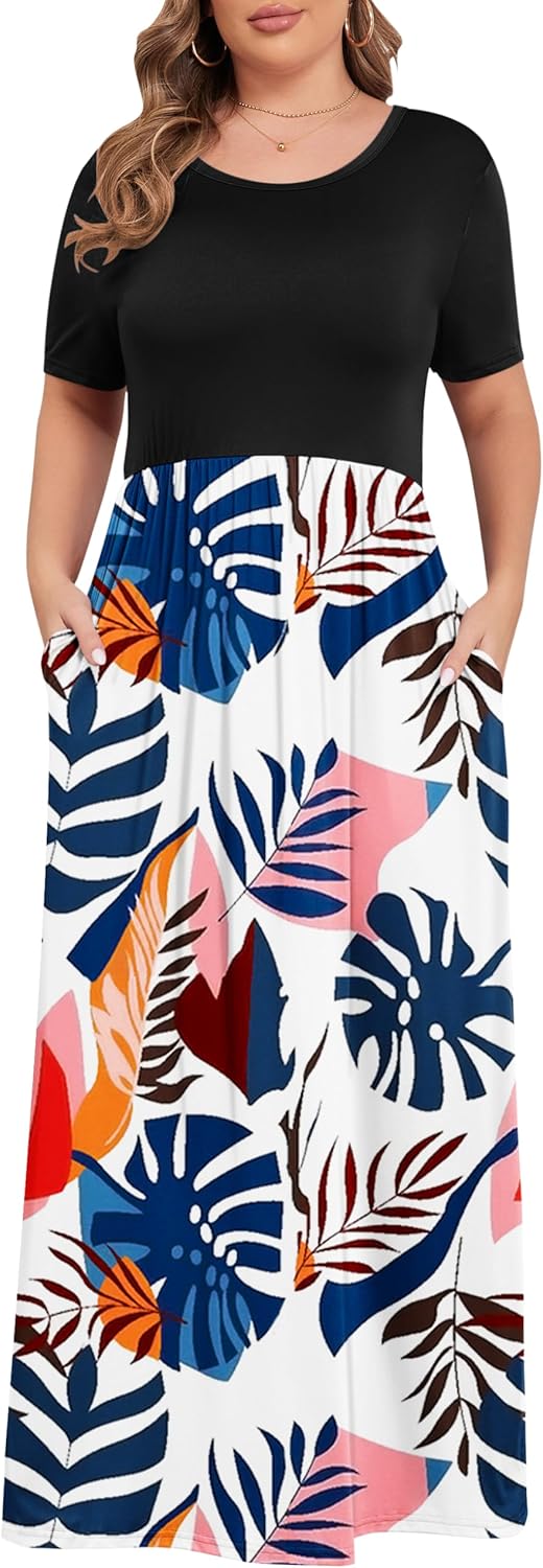 KARALIN Women’s Plus Size Maxi Dresses for Curvy Women Summer Casual Short Sleeve 2025 Long Dress 14W-26W