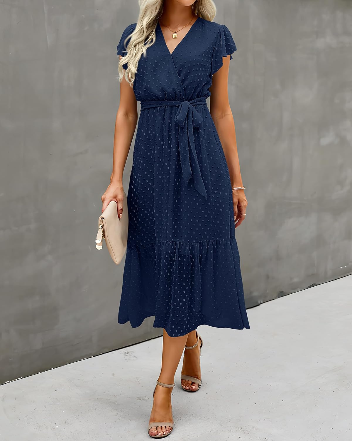 BTFBM Women Summer Bohemian Floral Casual Wrap V Neck Ruffle Cap Sleeveless Belt A-Line Pleated Hem Midi Sun Dress White