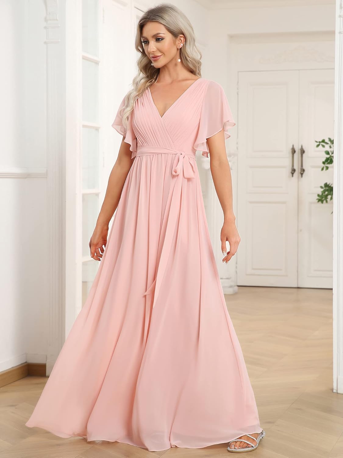 Ever-Pretty Women's Bridesmaid Dress V-Neck Ruffle Sleeves Ruched Bust Floor Length Chiffon Formal Dresses 0164A