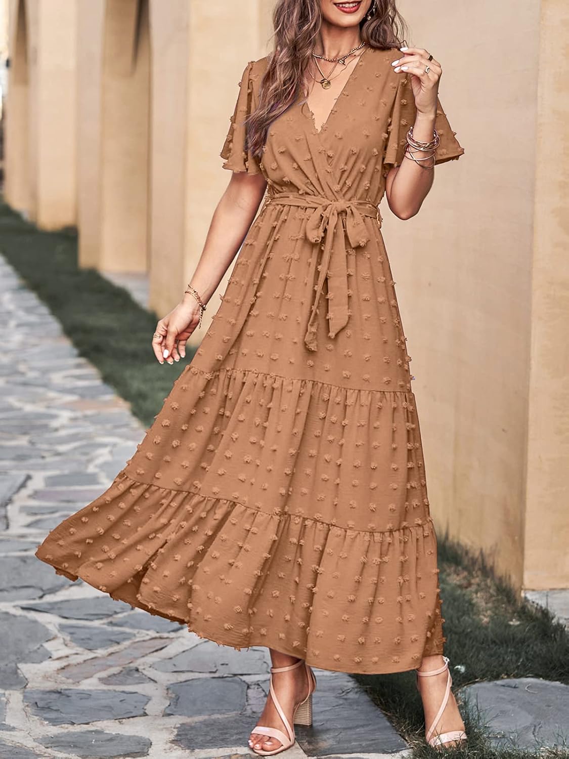 MASCOMODA Womens Boho Swiss Dot Maxi Dresses Wrap V Neck Flutter Short Sleeve Solid Tie Belt A Line Tiered Flowy Long Dress