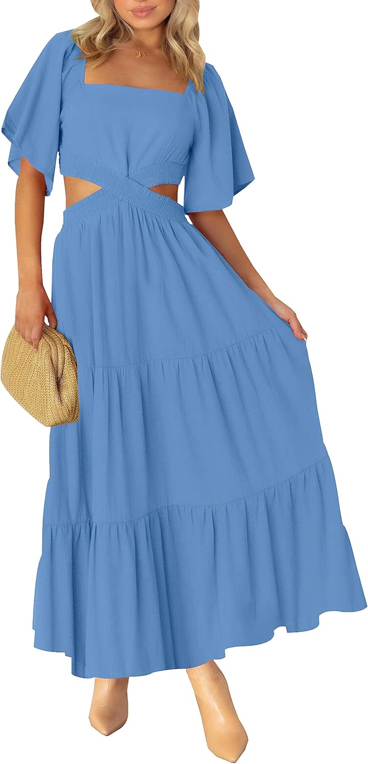 LEANI Women's 2025 Summer Cutout Maxi Dress Square Neck Short Sleeve Crossover Waist Casual Party Dresses