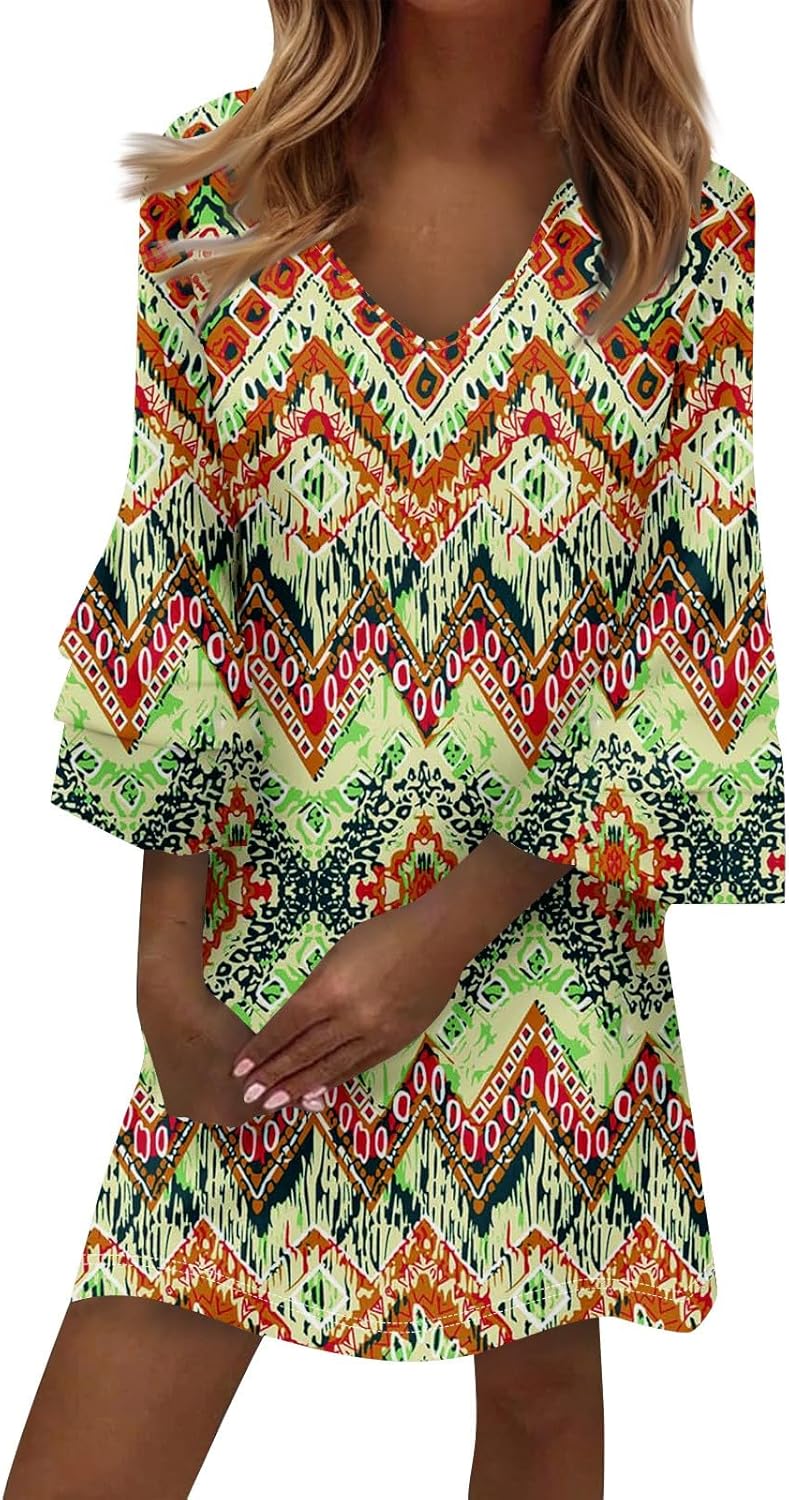 Beach Dresses for Women,2025 Summer Trendy Floral Print Boho Dress,Casual Loose V Neck Bell 3/4 Sleeve Mini Dress