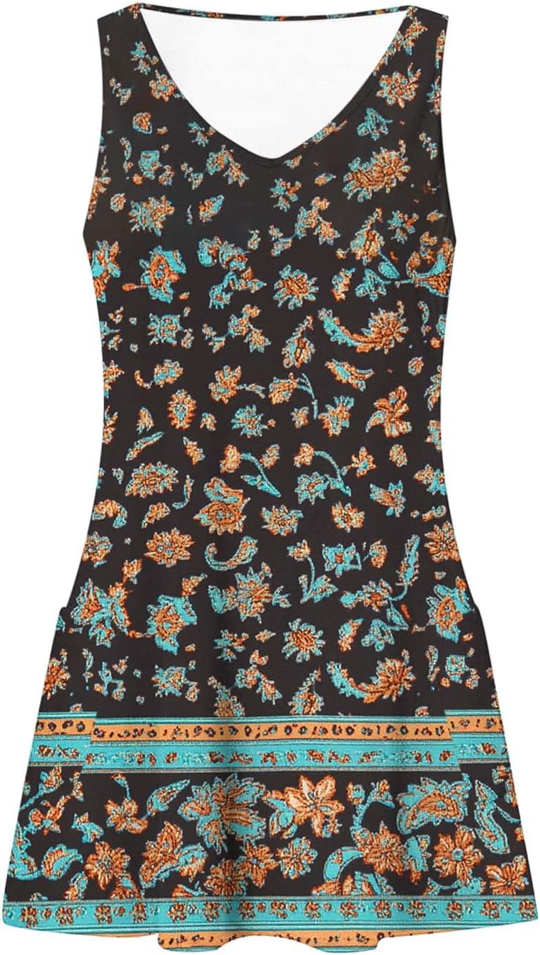 Womens 2025 Spring Summer Dresses Casual Floral Print V-Neck Tank Dress Curve Hem Pleated A-Line Sundresses