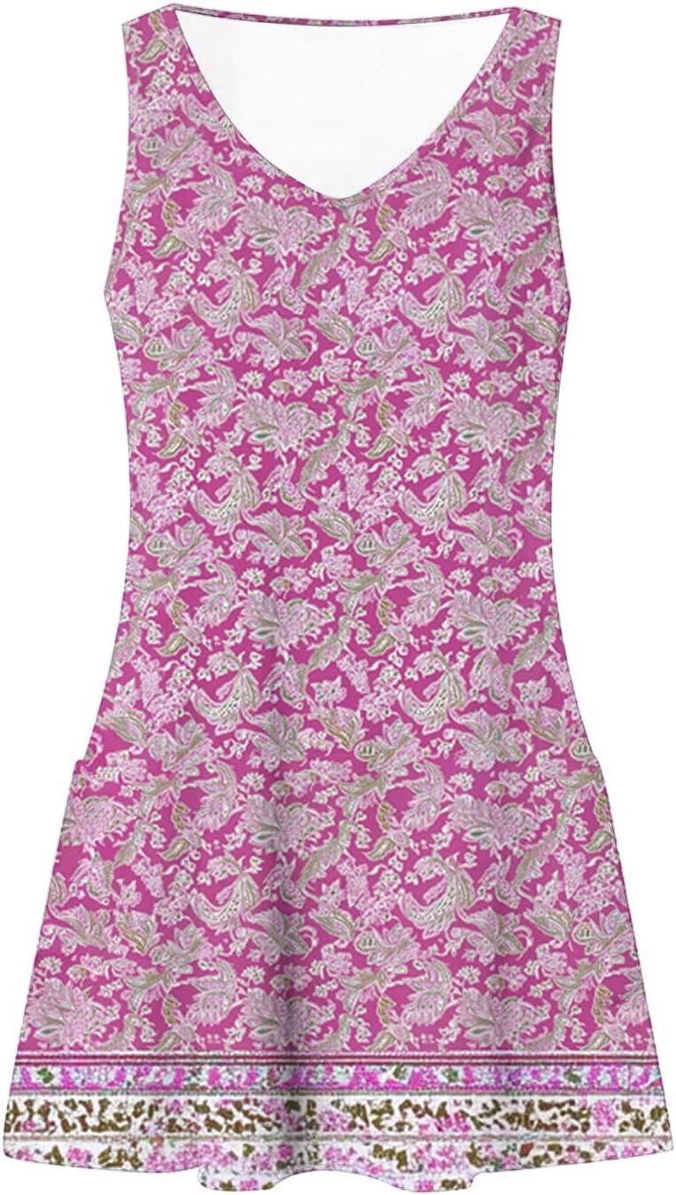 Womens 2025 Spring Summer Dresses Casual Floral Print V-Neck Tank Dress Curve Hem Pleated A-Line Sundresses