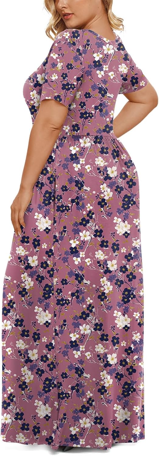 LONGYUAN Women's Plus Size Maxi Dresses for Curvy Women Summer Short Sleeve Casual 2025 Long Dress XL-6XL