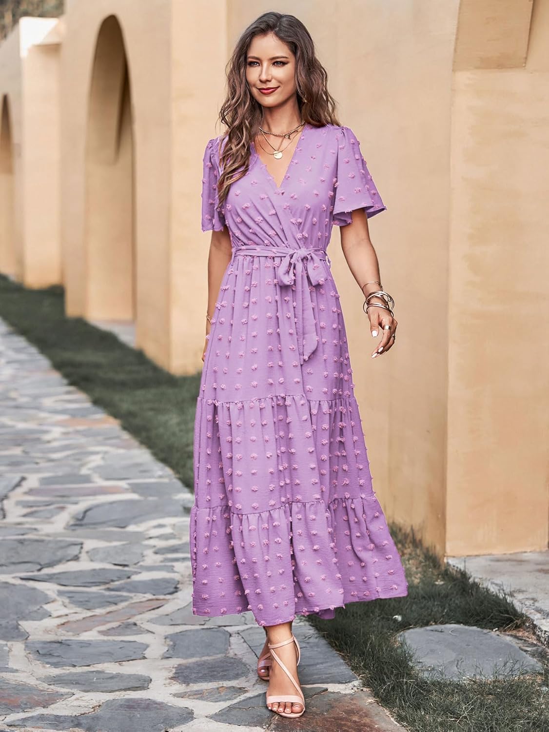 MASCOMODA Womens Boho Swiss Dot Maxi Dresses Wrap V Neck Flutter Short Sleeve Solid Tie Belt A Line Tiered Flowy Long Dress