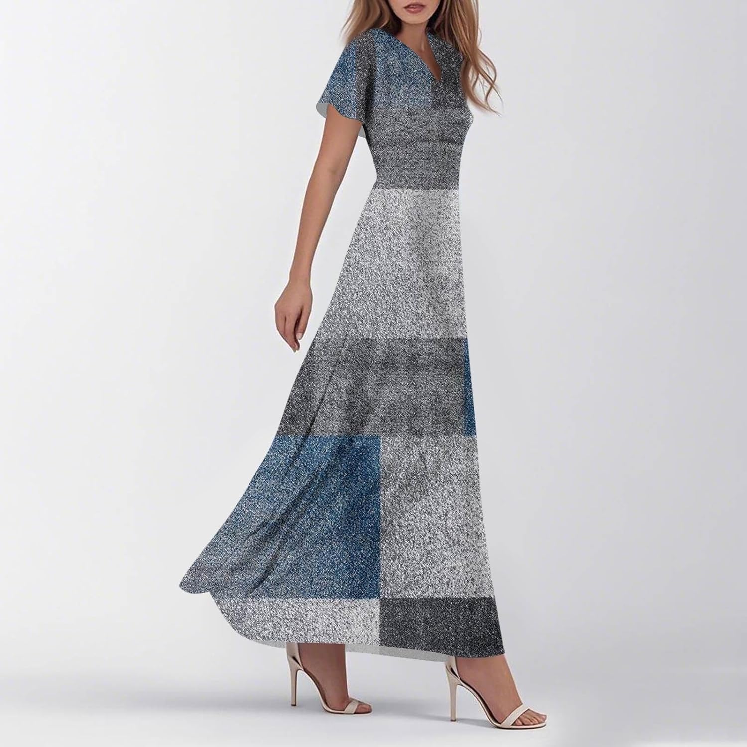 Womens Fashion V Neck Ruffle Short Sleeve Maxi Dress 2025 Summer Elegant Solid Color Flowy A Line Dresses