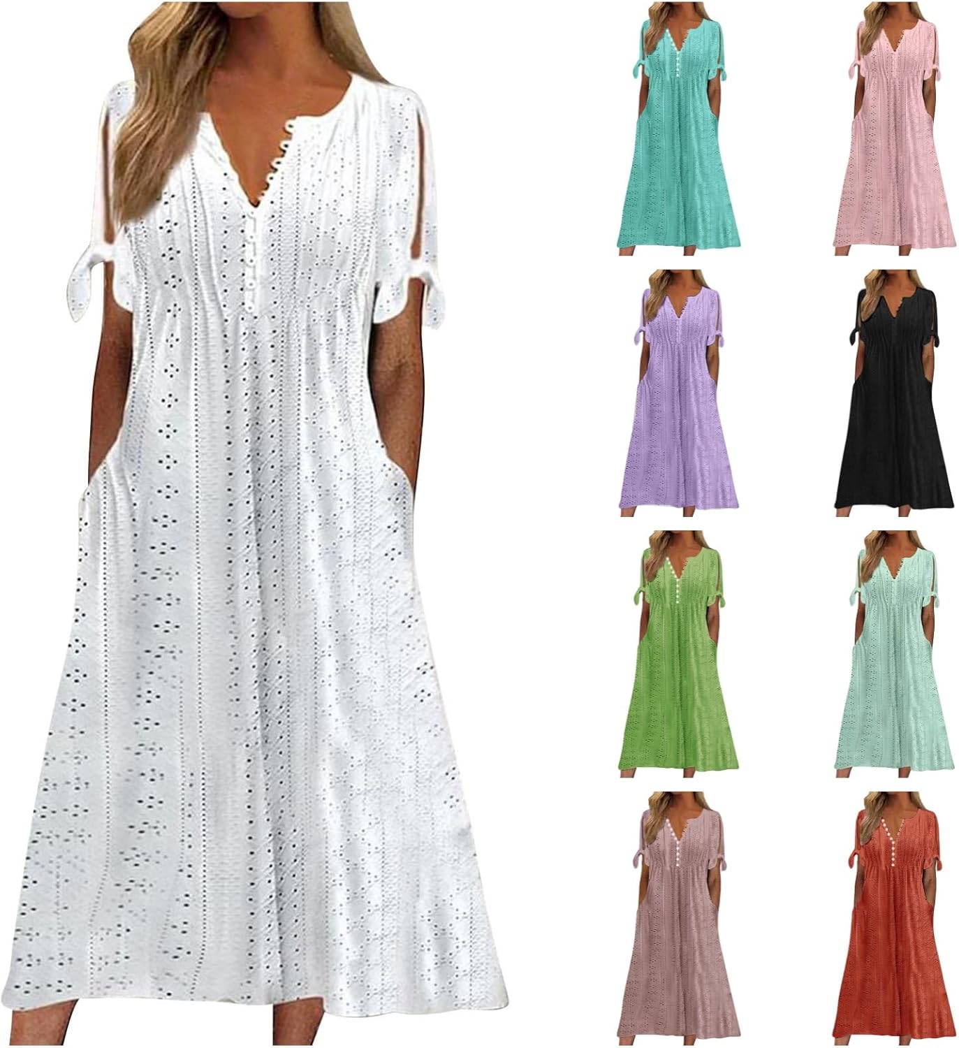 ZYXTIM Womens Eyelet Dress V Neck Short Sleeve Hollow Out Summer Beach Vacation Dresses Swing A Line Vintage Long Dresses