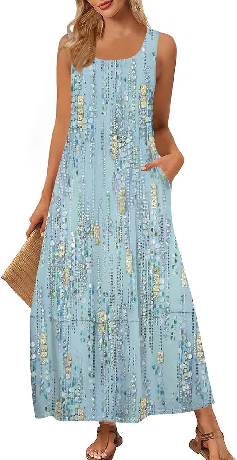 Womens Summer Tank Dress Vacation Boho Floral Long Dresses with Pockets Resort Wear Swing Beach Sleeveless Sundress