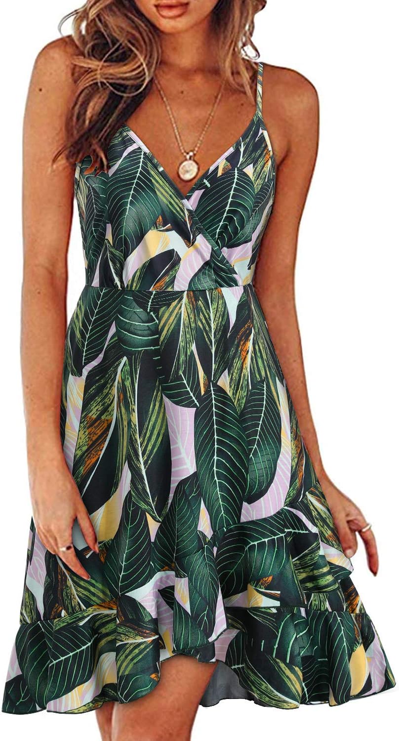 ULTRANICE Womens Summer Dresses Floral V Neck Ruffled Hem Spaghetti Spring Casual Beach Outfits Flowy Wrap Sun Dress