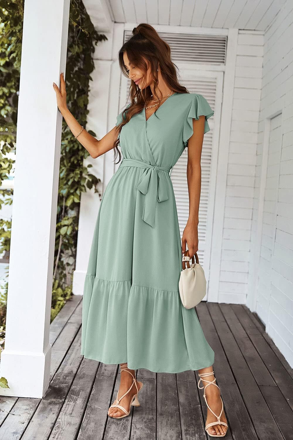 PRETTYGARDEN Women's Summer Floral Boho Dress Wrap V Neck Short Sleeve Ruffle A-Line Flowy Maxi Wedding Guest Dresses