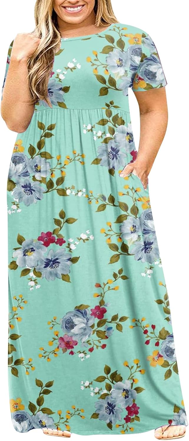 Kancystore Women's Short Sleeve Plus Size Maxi Dress with Pockets Loose Casual Summer Dresses