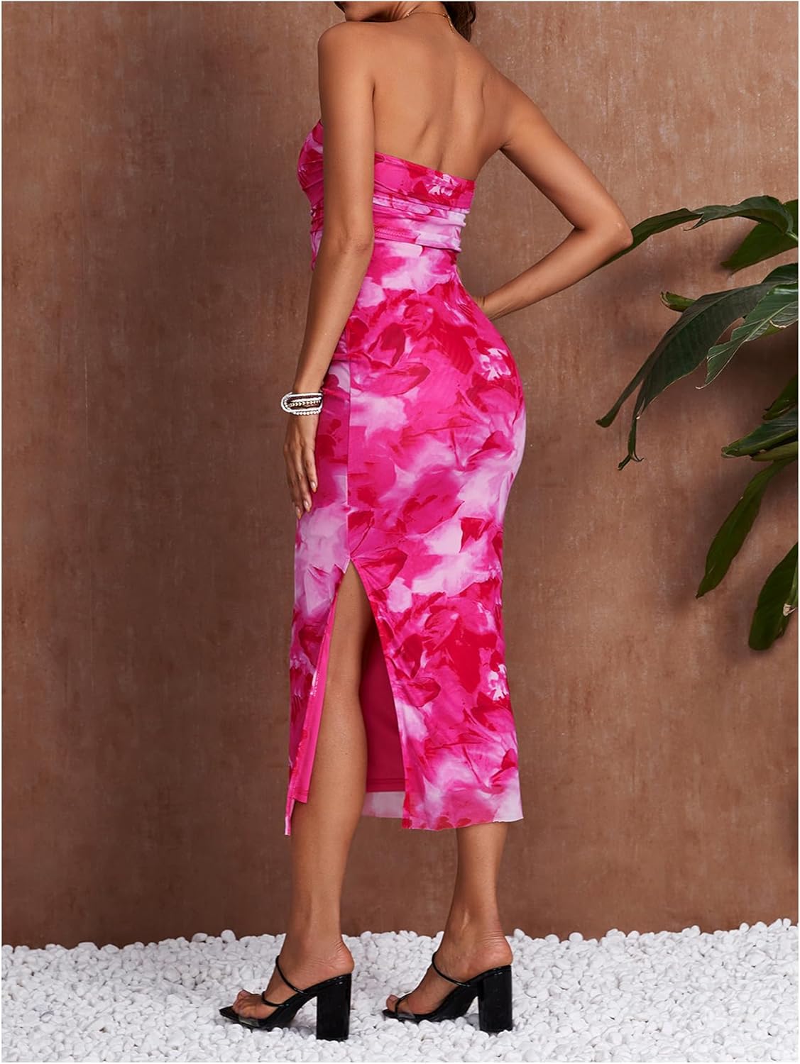 Milumia Women's Printed Strapless Tube Top Long Dress Slit Hem Sleeveless Bodycon Maxi Dresses