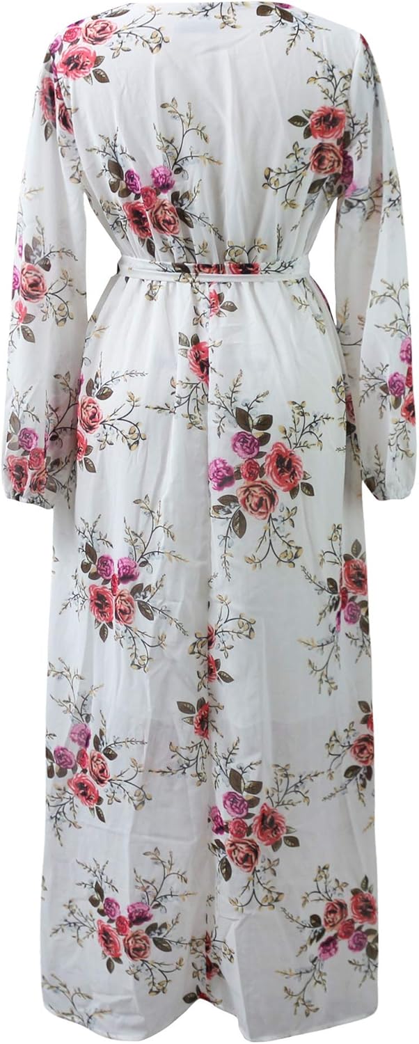 Nuofengkudu Womens Chiffon Deep V-Neck Stripe Printed Maxi Dress Unique Loose Summer Boho Dresses High Waiste(S-5XL)