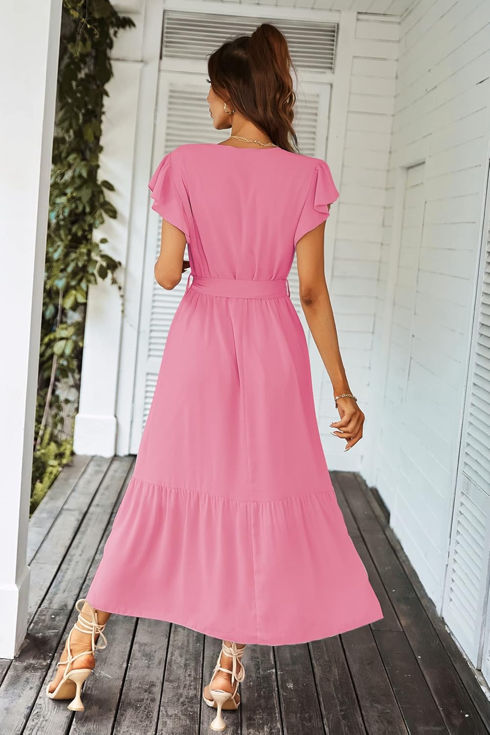 PRETTYGARDEN Women's Summer Floral Boho Dress Wrap V Neck Short Sleeve Ruffle A-Line Flowy Maxi Wedding Guest Dresses