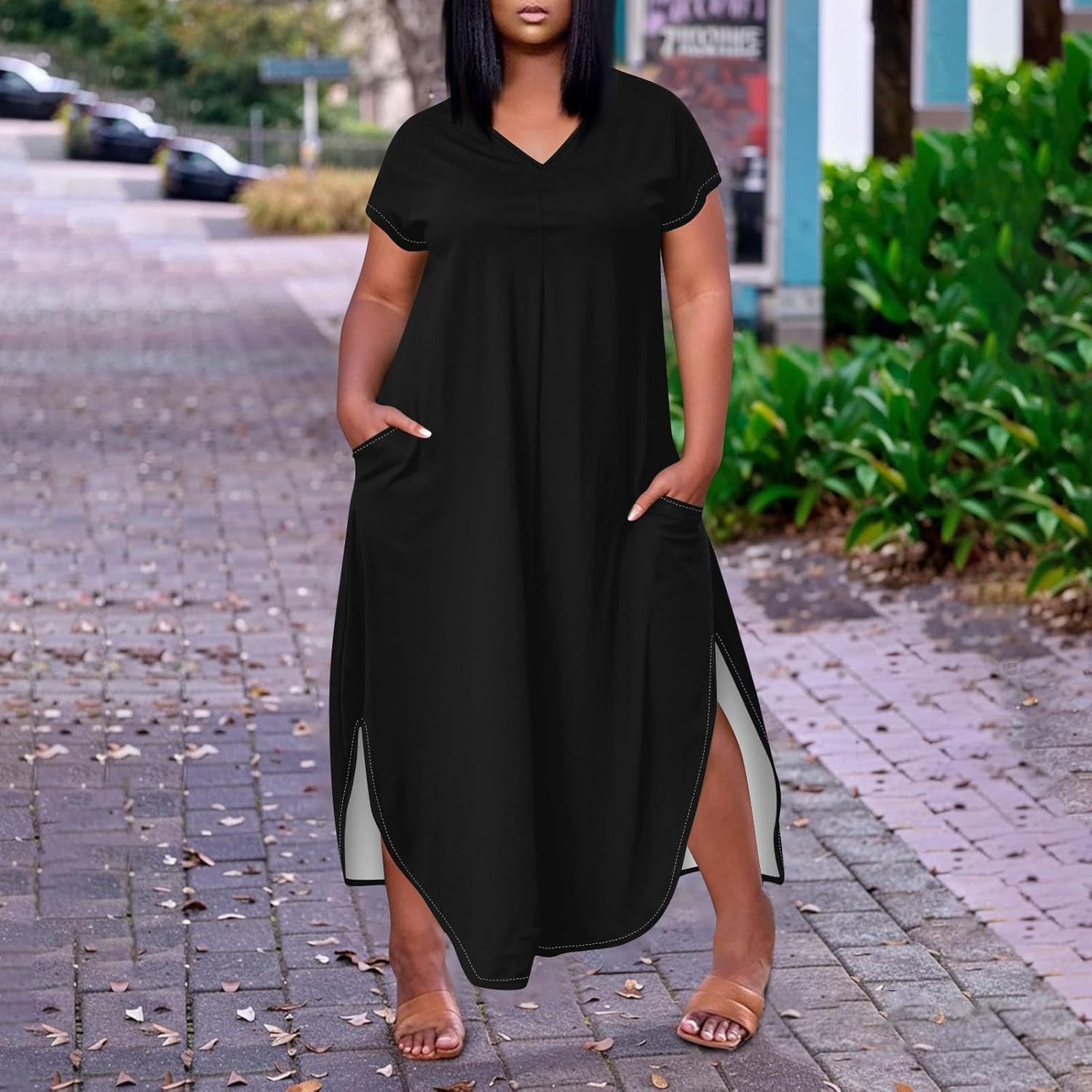 Maxi Dresses for Women 2025 Plus Size Tie Dye V Neck Dress Short Sleeve Side Split Beach Summer Sundress with Pocket