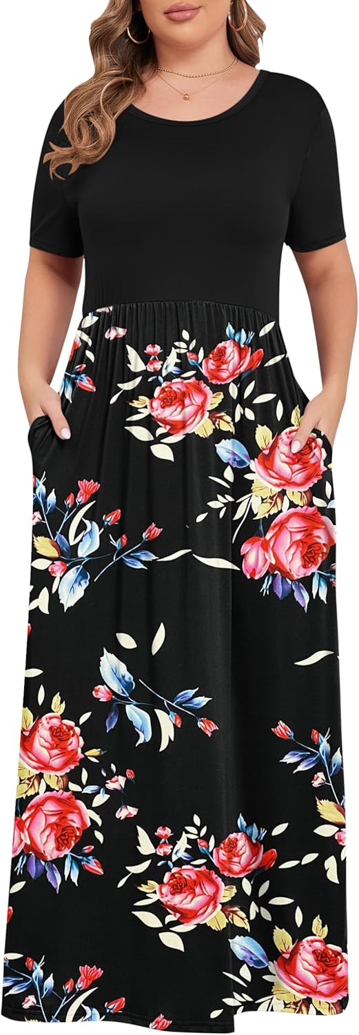 KARALIN Women’s Plus Size Maxi Dresses for Curvy Women Summer Casual Short Sleeve 2025 Long Dress 14W-26W