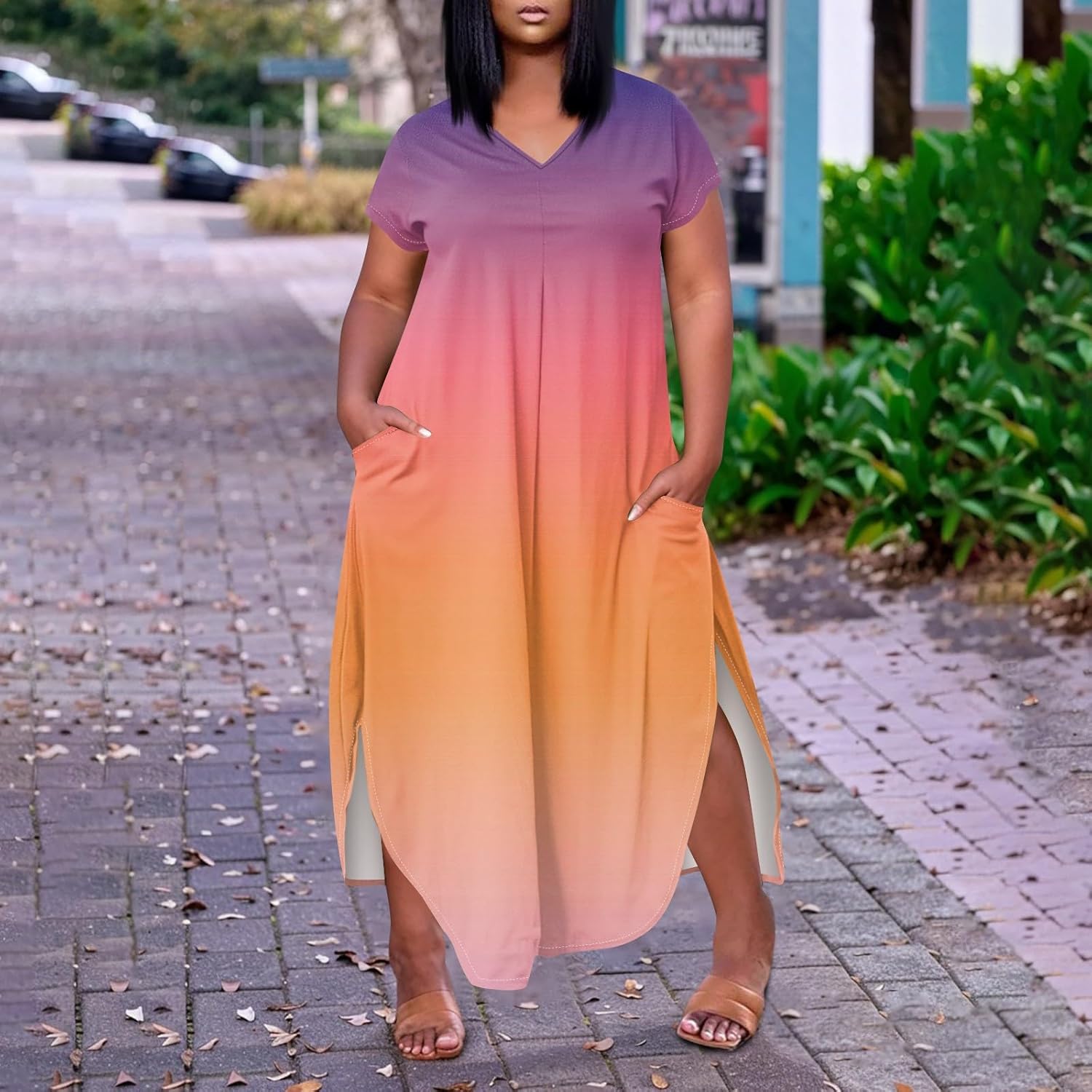 Maxi Dresses for Women 2025 Plus Size Tie Dye V Neck Dress Short Sleeve Side Split Beach Summer Sundress with Pocket