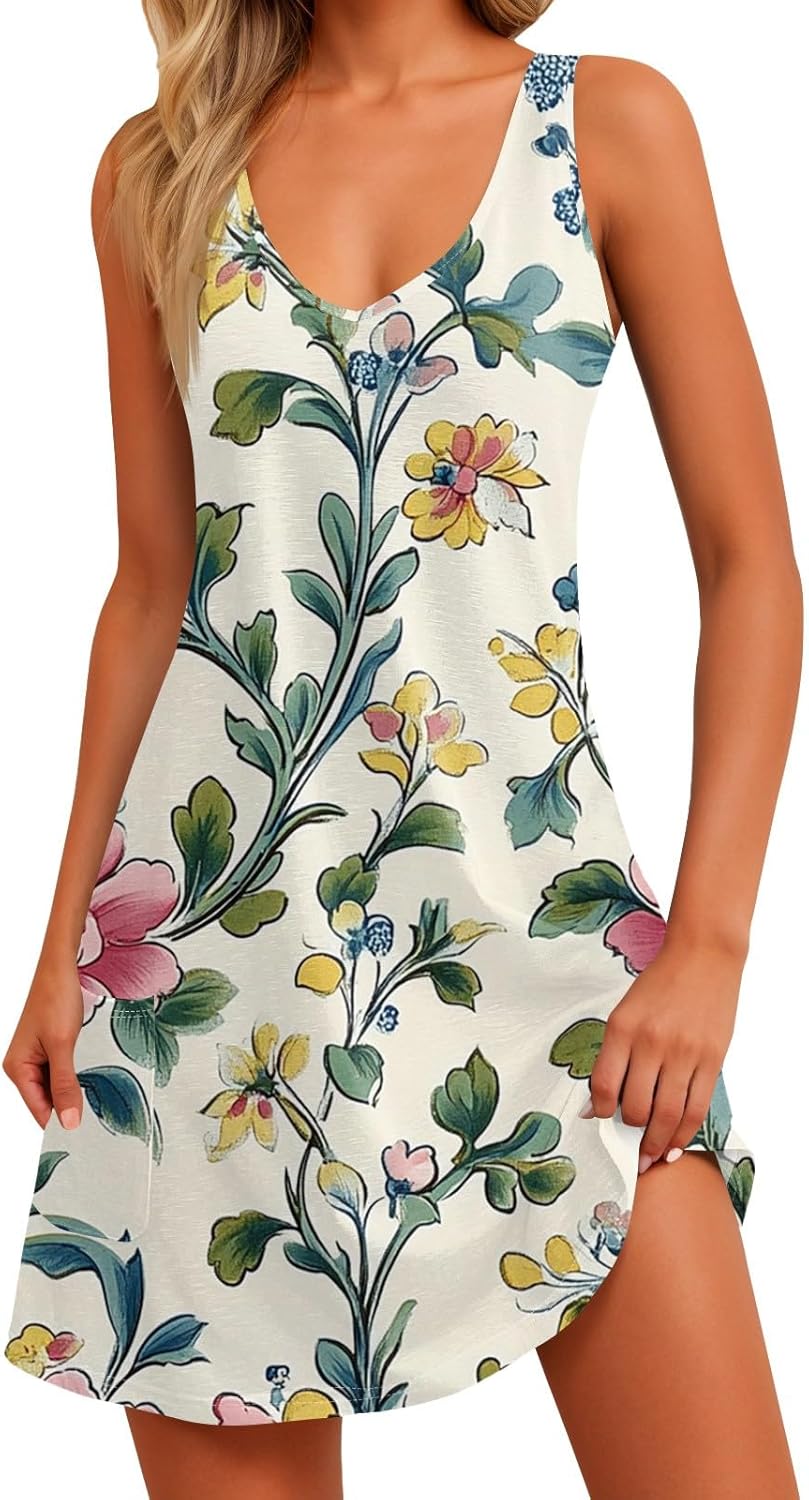 NBXNZWF Women Summer Casual Dress 2025 Casual Loose Sleeveless V-Neck Sundresses A Line Tshirt Beach Dresses with Pockets