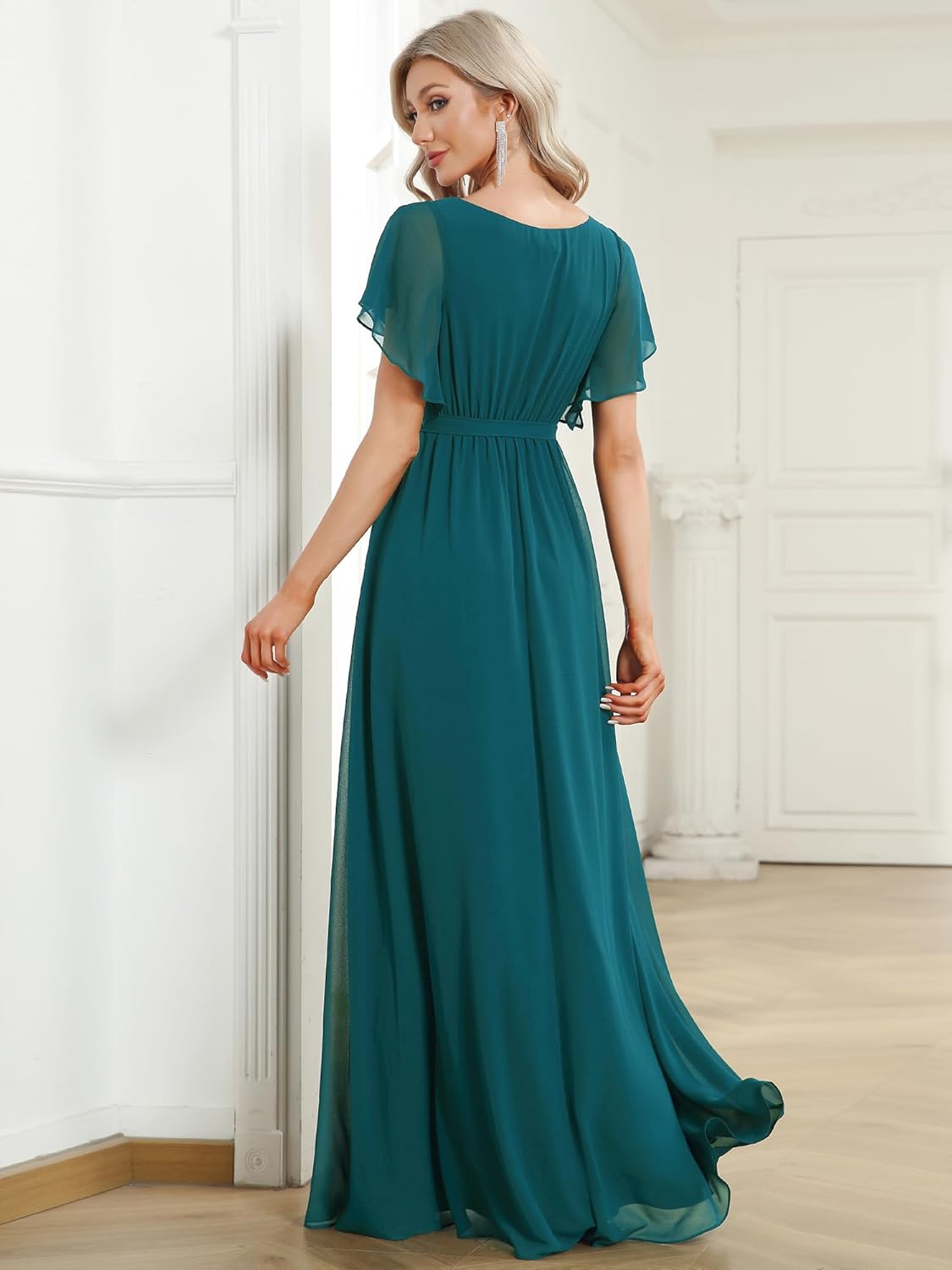 Ever-Pretty Women's Bridesmaid Dress V-Neck Ruffle Sleeves Ruched Bust Floor Length Chiffon Formal Dresses 0164A
