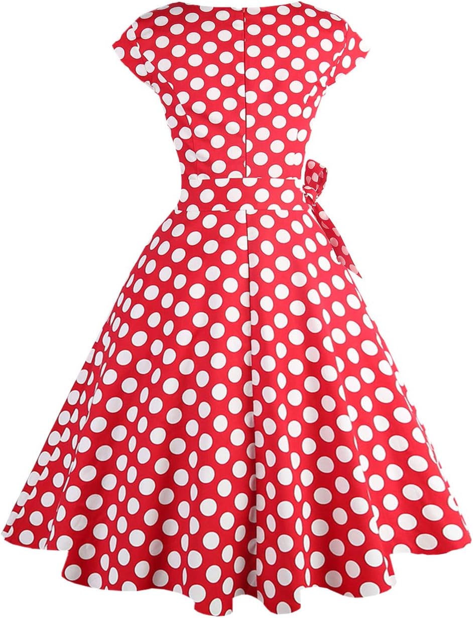 PUKAVT Women's 1950 Boatneck Cap Sleeve Vintage Swing Cocktail Party Dress with Pockets