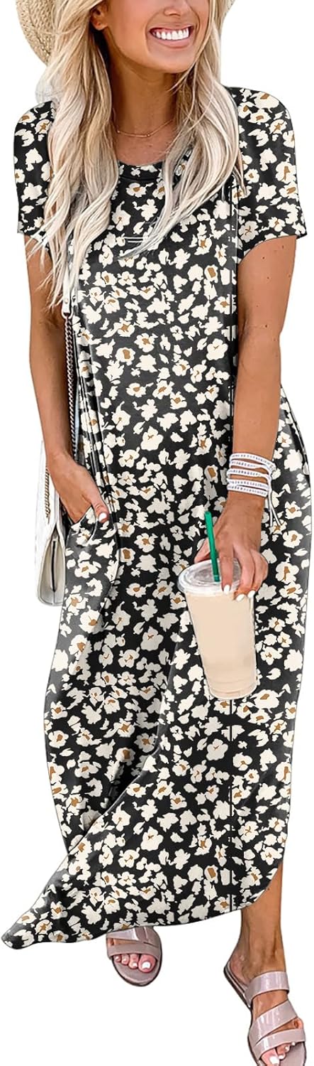 ANRABESS Women's Summer Casual Loose Short Sleeve Long T Shirt Dress Split Maxi Beach Sundress Travel Vacation Outfits