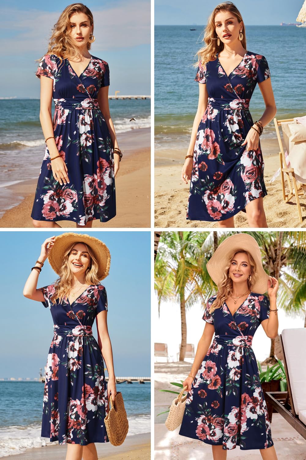 OUGES Women's Summer Short Sleeve V-Neck Floral Short Party Dress with Pockets