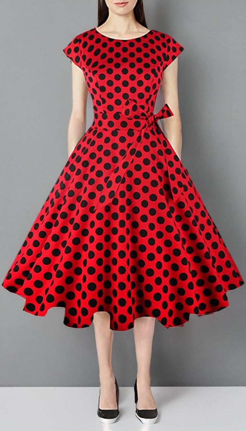 PUKAVT Women's 1950 Boatneck Cap Sleeve Vintage Swing Cocktail Party Dress with Pockets