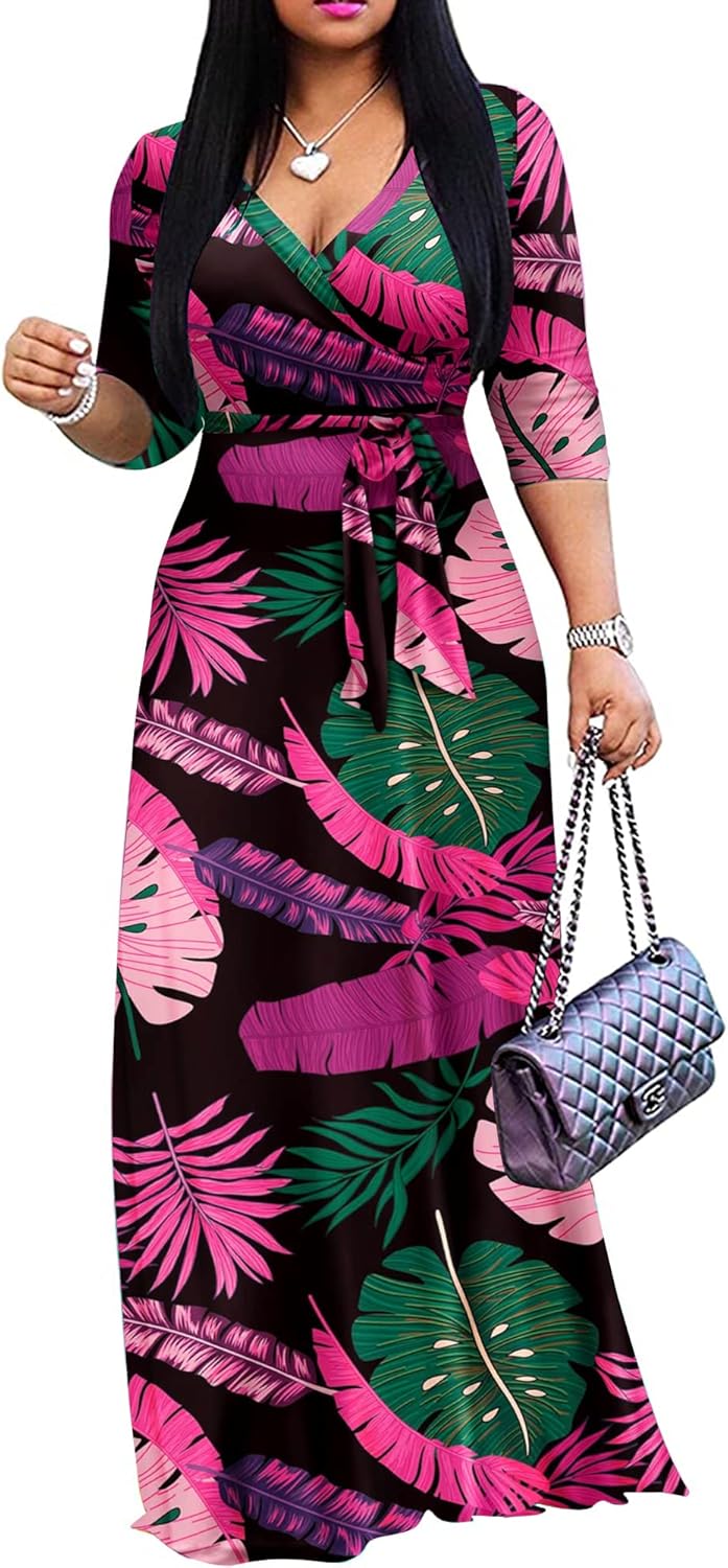 FANDEE Plus Size Maxi Dress for Women Casual Summer Sundress V-Neck 3/4 Sleeve