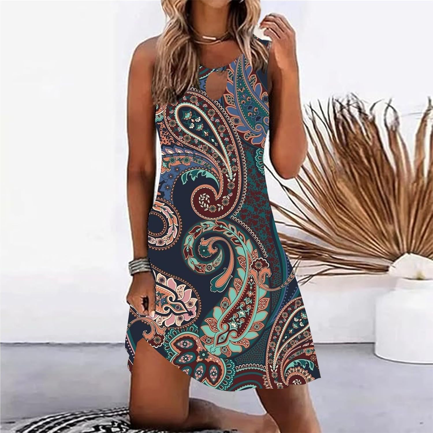 Summer Dresses for Women 2025 Vacation Beach Casual Vintage Midi Sundresses Sexy Sleeveless V Neck Boho Tank Dress