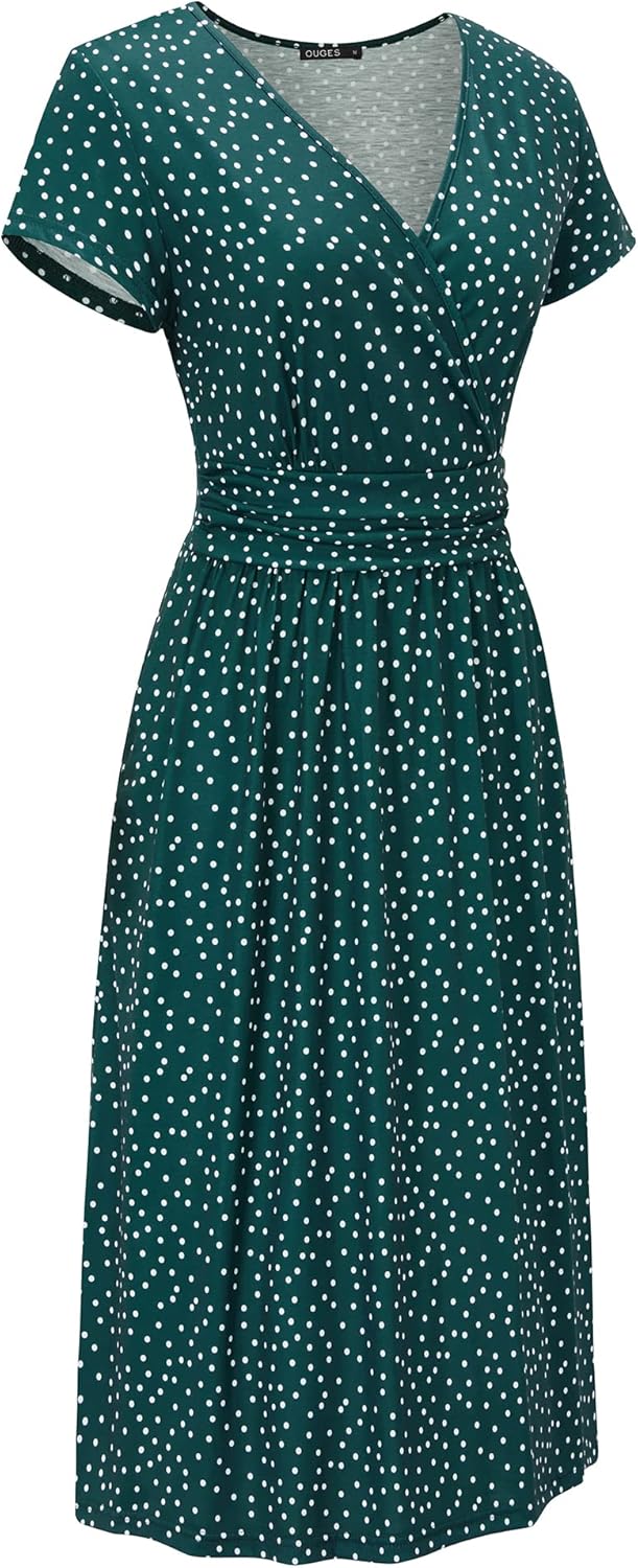 OUGES Women's Summer Short Sleeve V-Neck Floral Short Party Dress with Pockets