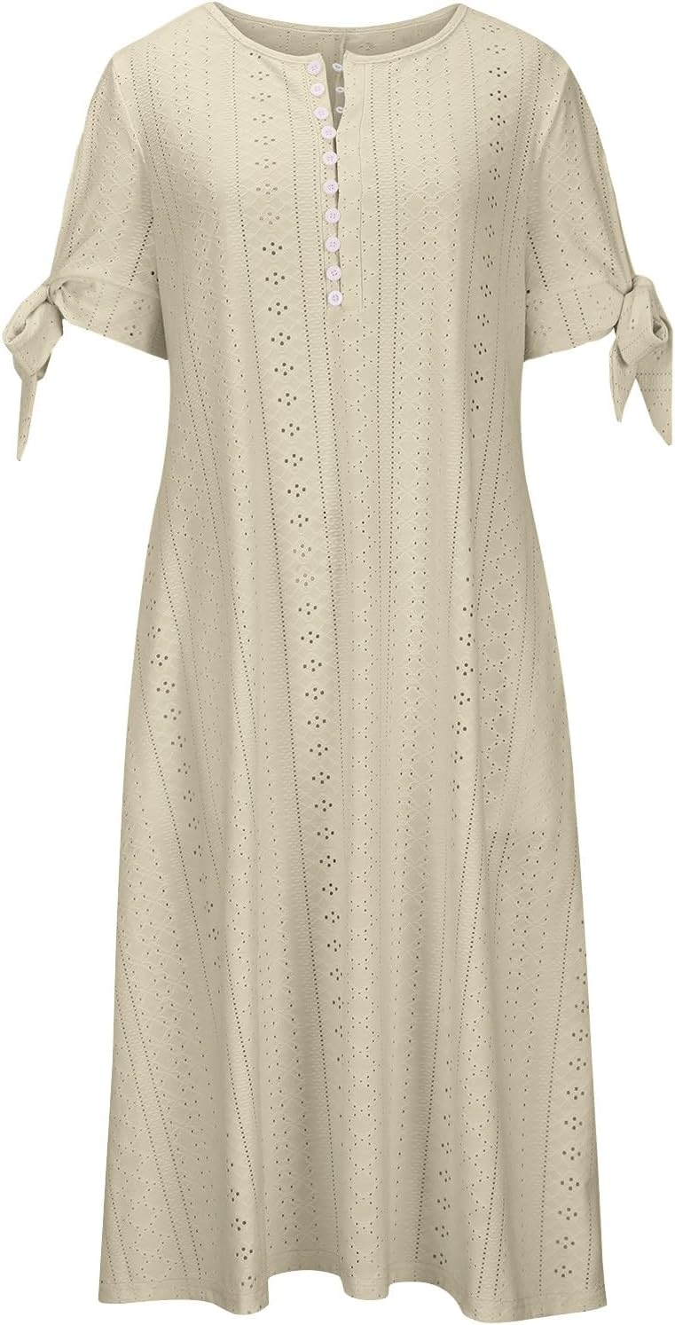 Boho Dresses for Women 2024 Fashion Summer Short Sleeve Eyelet Notch V Neck Sundress Beach Casual Maxi Long Dress