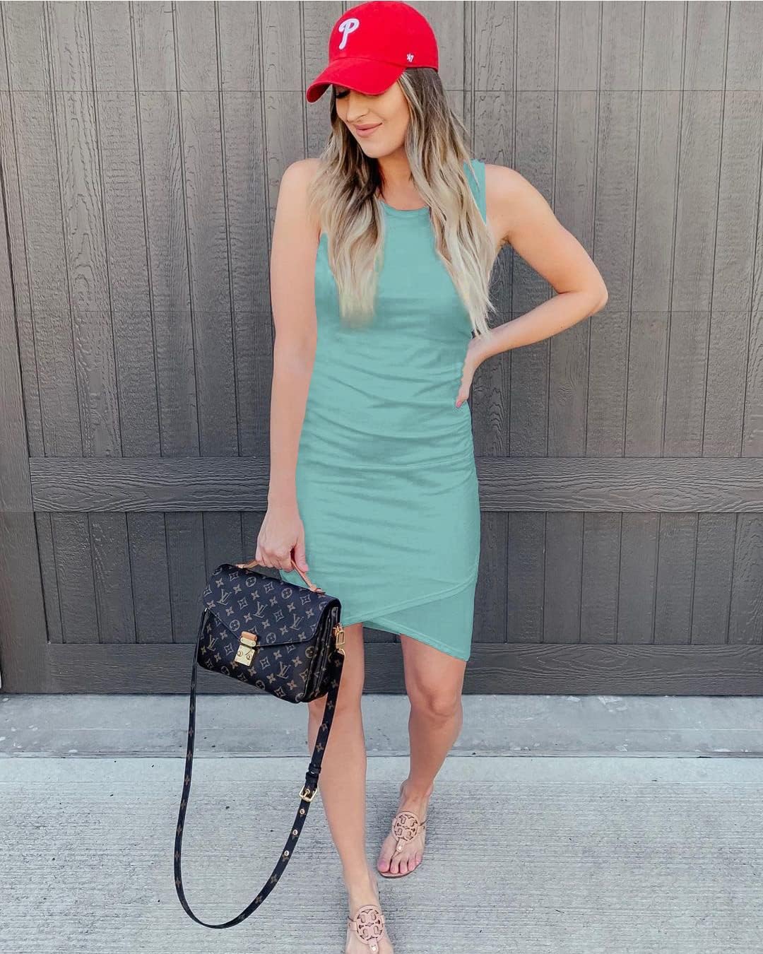 BTFBM Women 2025 Summer Sleeveless Tank Dresses Crew Neck Slim Fit Short Casual Ruched Bodycon Party Club Mini Dress