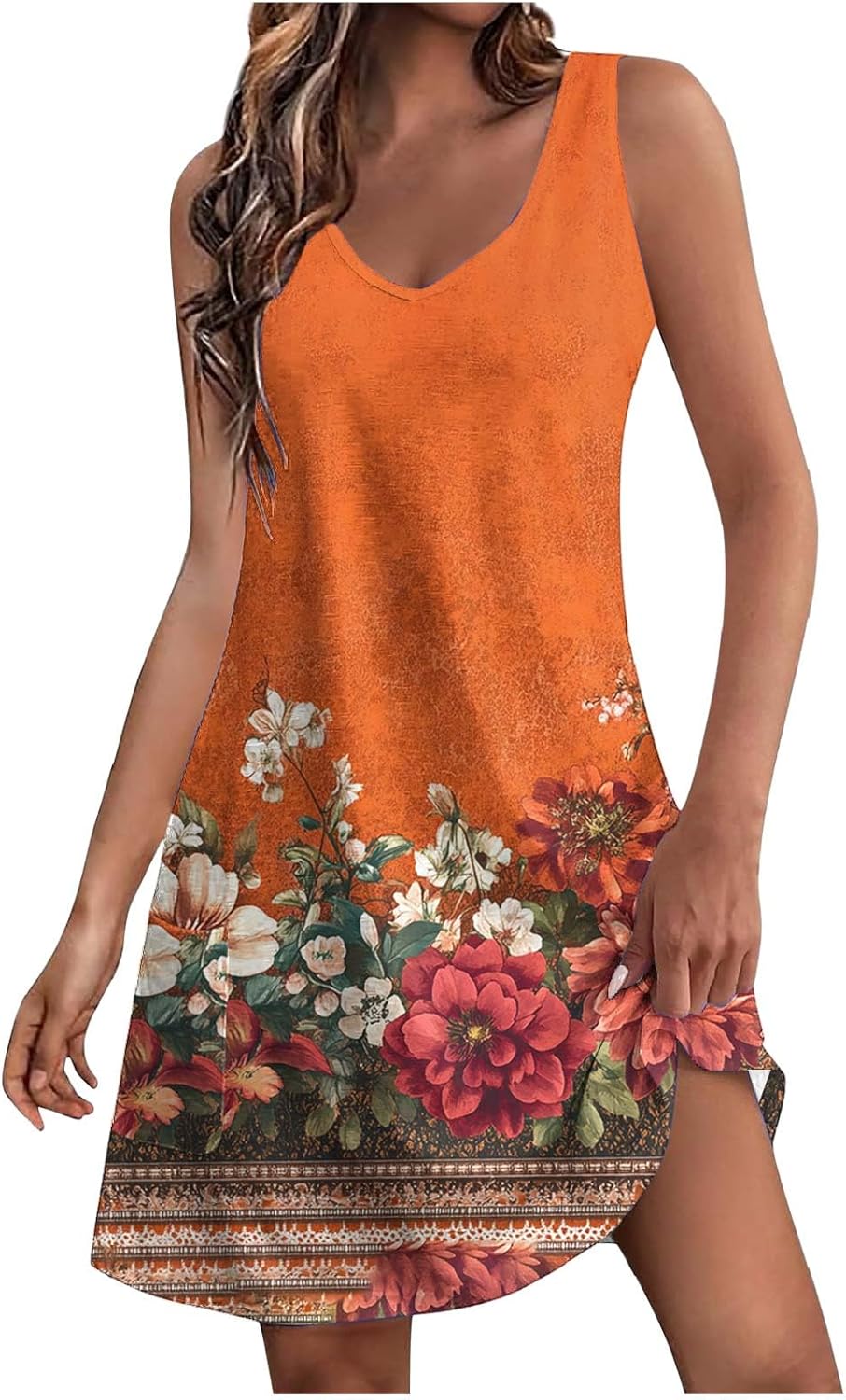 Womens 2025 Spring Summer Dresses Casual Floral Print V-Neck Tank Dress Curve Hem Pleated A-Line Sundresses