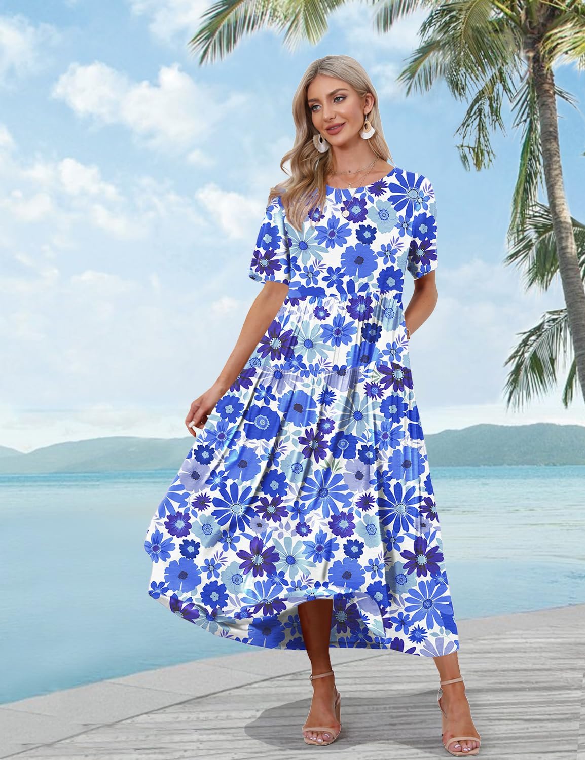 YESNO Women Casual Loose Bohemian Floral Dress with Pockets Short Sleeve Long Maxi Summer Beach Swing Dress EJF