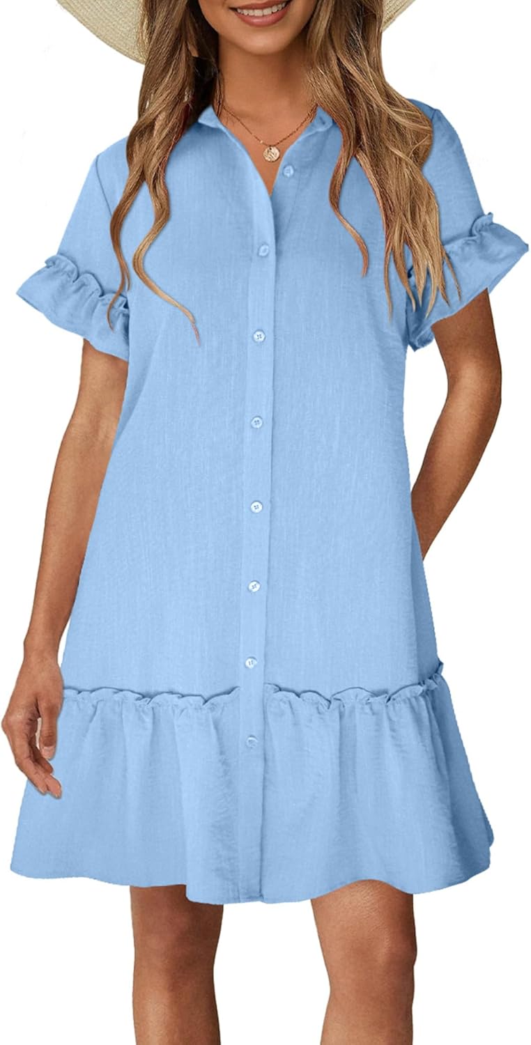 CCTOO Women's Summer Dresses Casual V Neck Button Down 3/4 Sleeve Floral Print Loose Flowy Shirt Dress